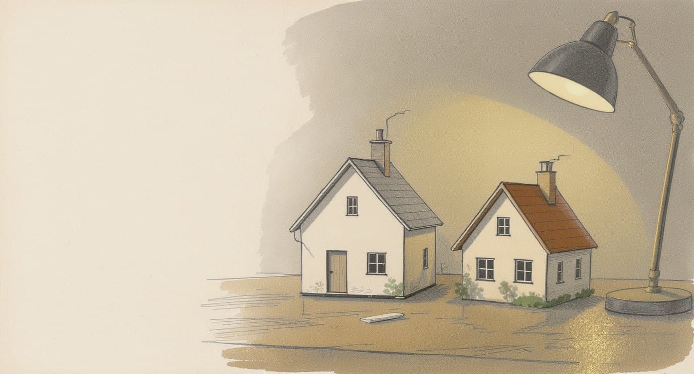 Skizze: zwei kleine Hausmodelle nebeneinander, ein schlichtes Fertighaus und ein individuell gebautes Haus mit Charakter