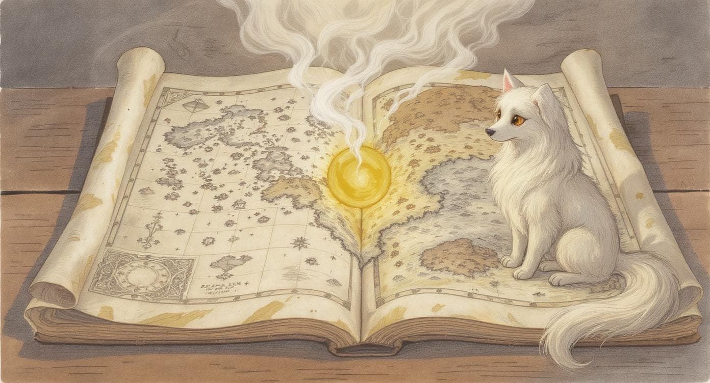 Phantásien-Atlas mit zwei Welten und Gold-Sphäre