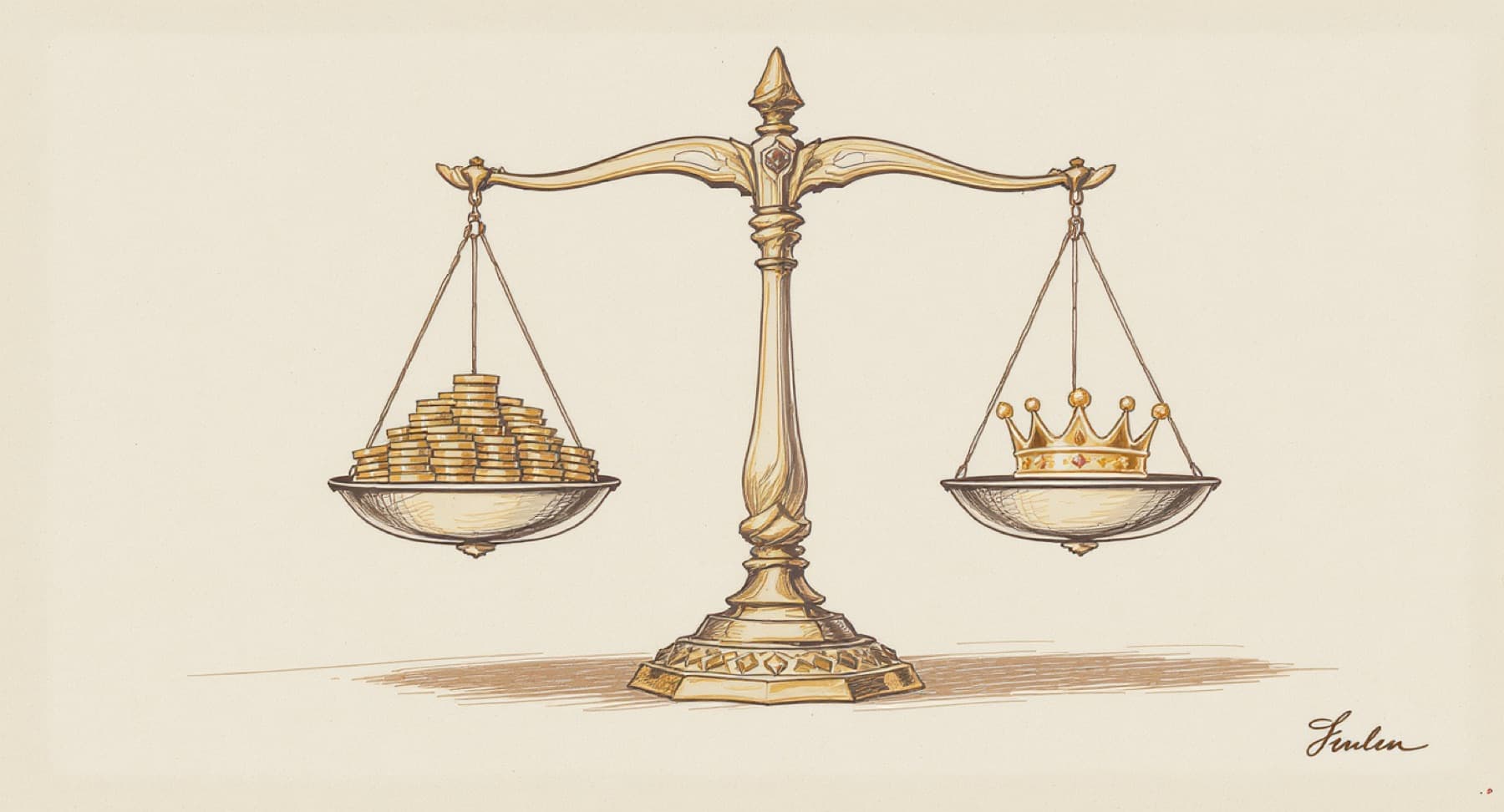 Skizze: Goldwaage mit Münzen und Krone als Symbol für Kostenvergleich Baukasten vs eigene Webseite