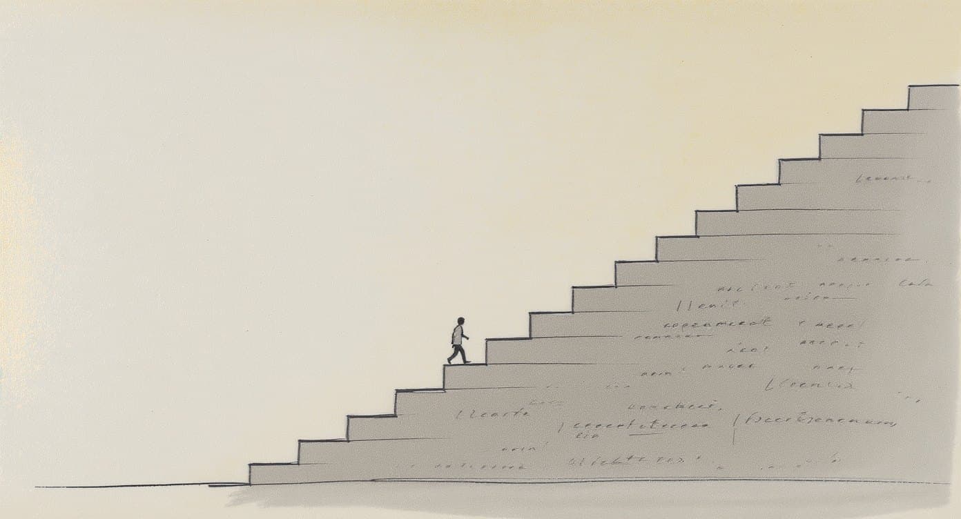 Skizze: eine Treppe aus Code-Zeilen, jede Stufe kuerzer als die vorige, bis auf eine einzige saubere Zeile
