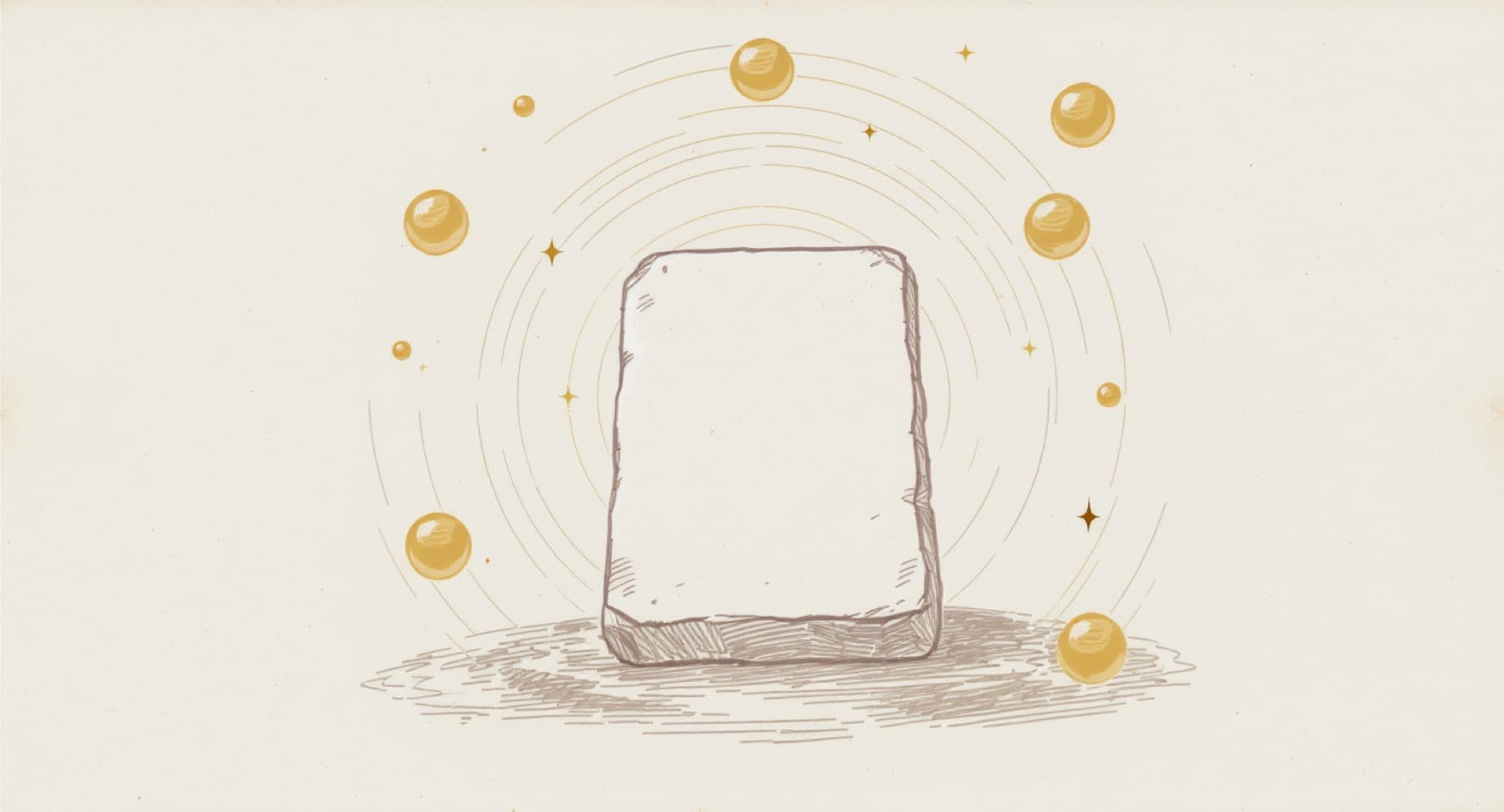 Skizze: Stein-Tafel umgeben von goldenen Orbs als Symbol für cookie-freie Webseite
