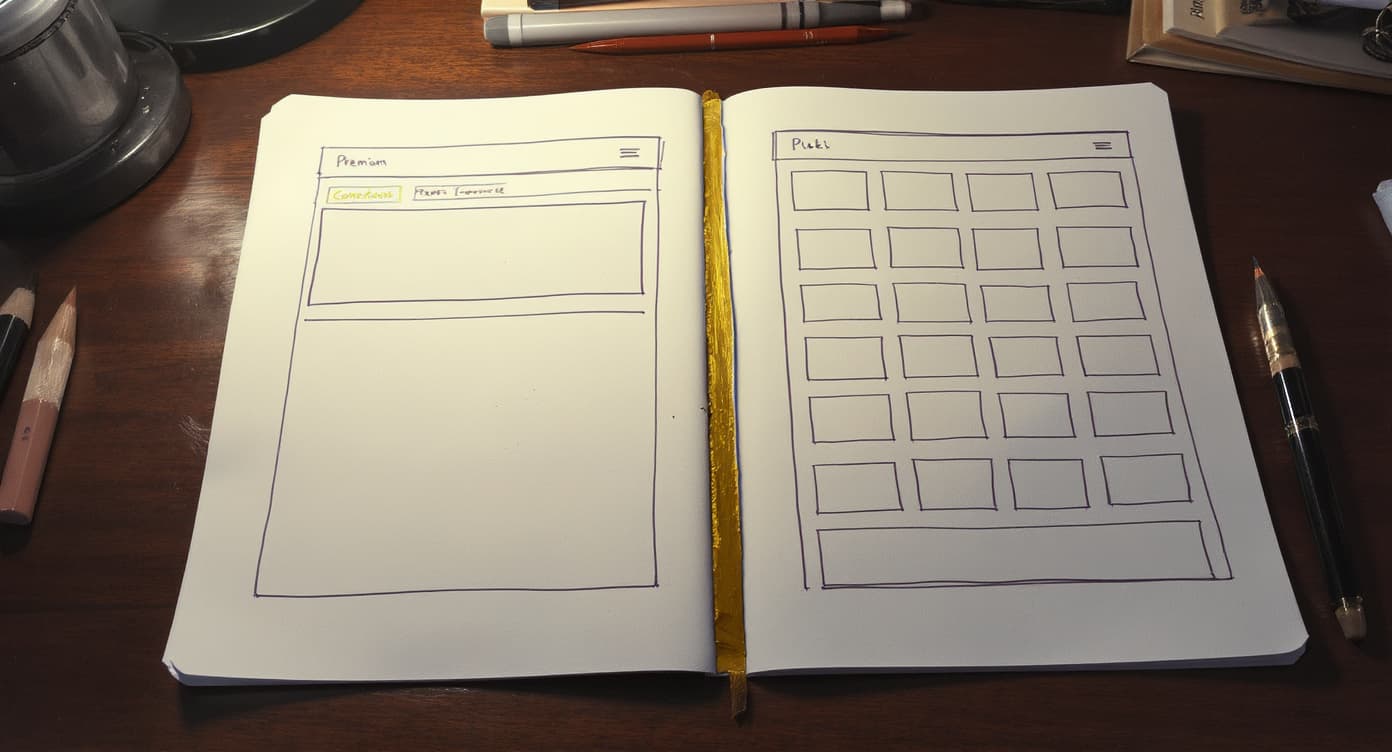 Skizze: zwei Webseiten-Wireframes auf Schreibtisch, Premium-Layout links mit Negativraum, überladenes Template-Grid rechts, Gold-Trennlinie in der Mitte