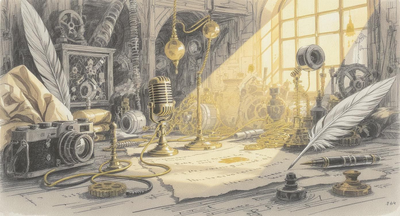 Vintage-Workshop-Cover mit goldenen Equipment-Werkzeugen im Pencil-Style
