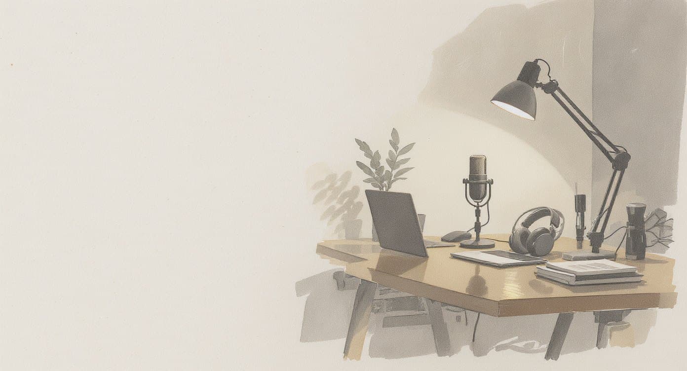 Skizze: ein aufgeraeumter Home-Studio-Schreibtisch fuer Online-Coaches mit Mikrofon, Ringlicht, Laptop und Kopfhoerern