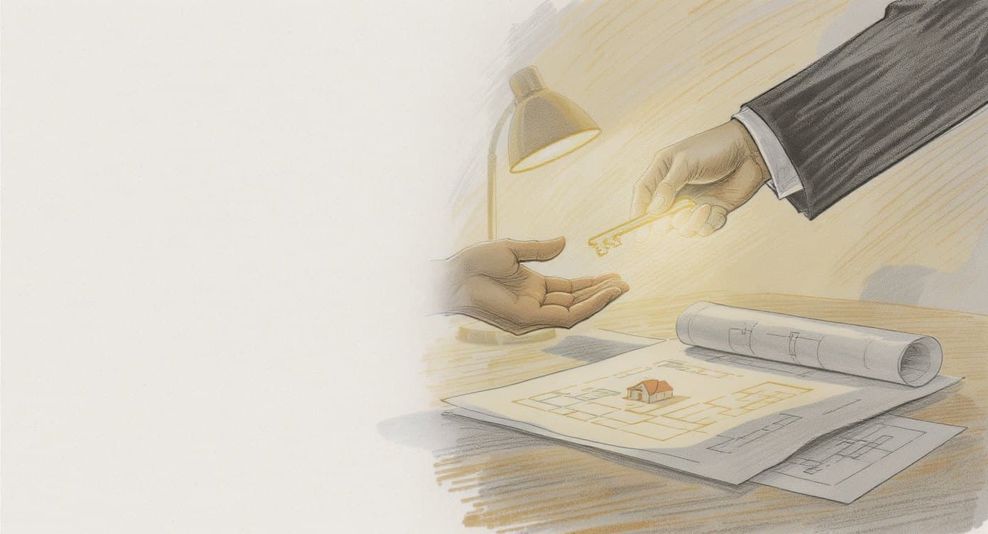 Skizze: eine Hand uebergibt einen goldenen Schluessel an eine andere Hand ueber einem Bauplan, Symbol fuer Eigentums-Uebergabe