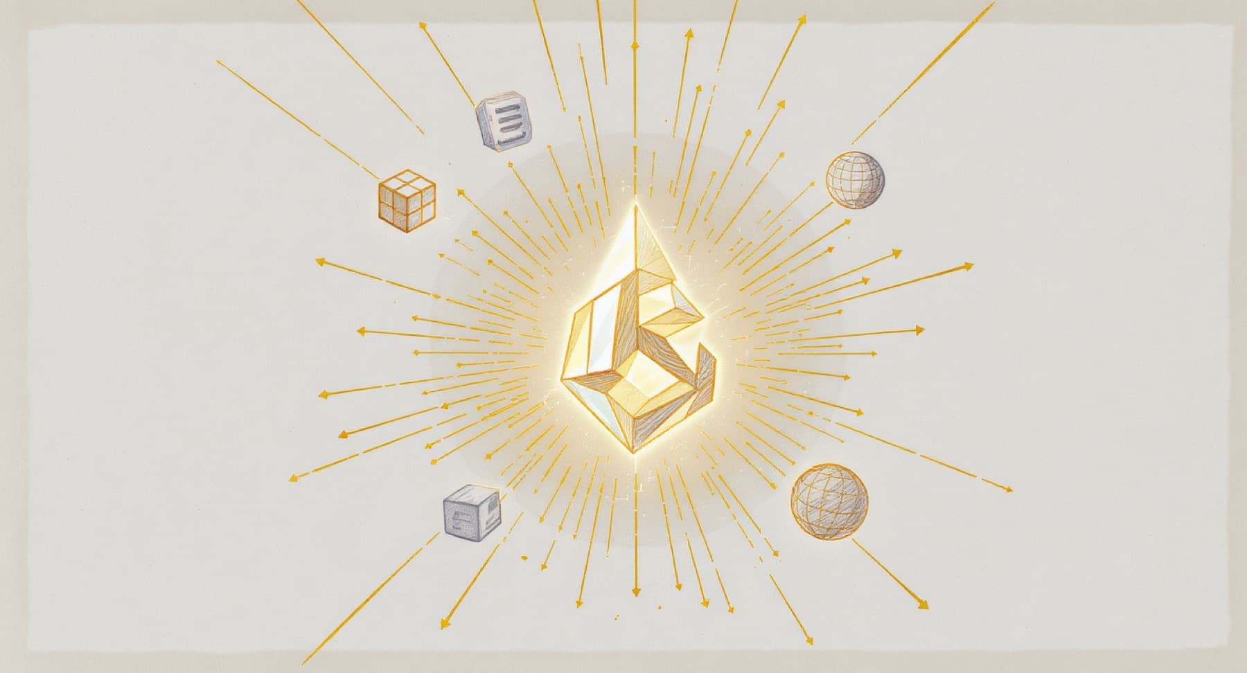 Skizze: Crystal mit floating Tool-Icons als Symbol für den Premium-AI-Webseiten-Stack