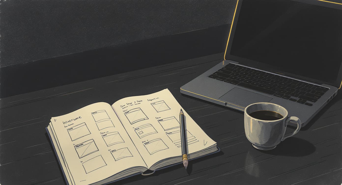 Skizze: aufgeschlagenes Notizbuch mit Wireframe und Bleistift neben einem Laptop unter warmem Lampenlicht