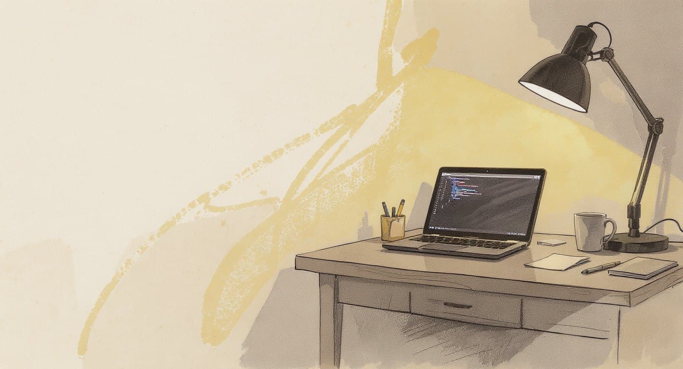 Skizze: ein aufgeraeumter Anfaenger-Schreibtisch mit offenem Laptop und ersten Code-Zeilen, ein klarer erster Aufbau