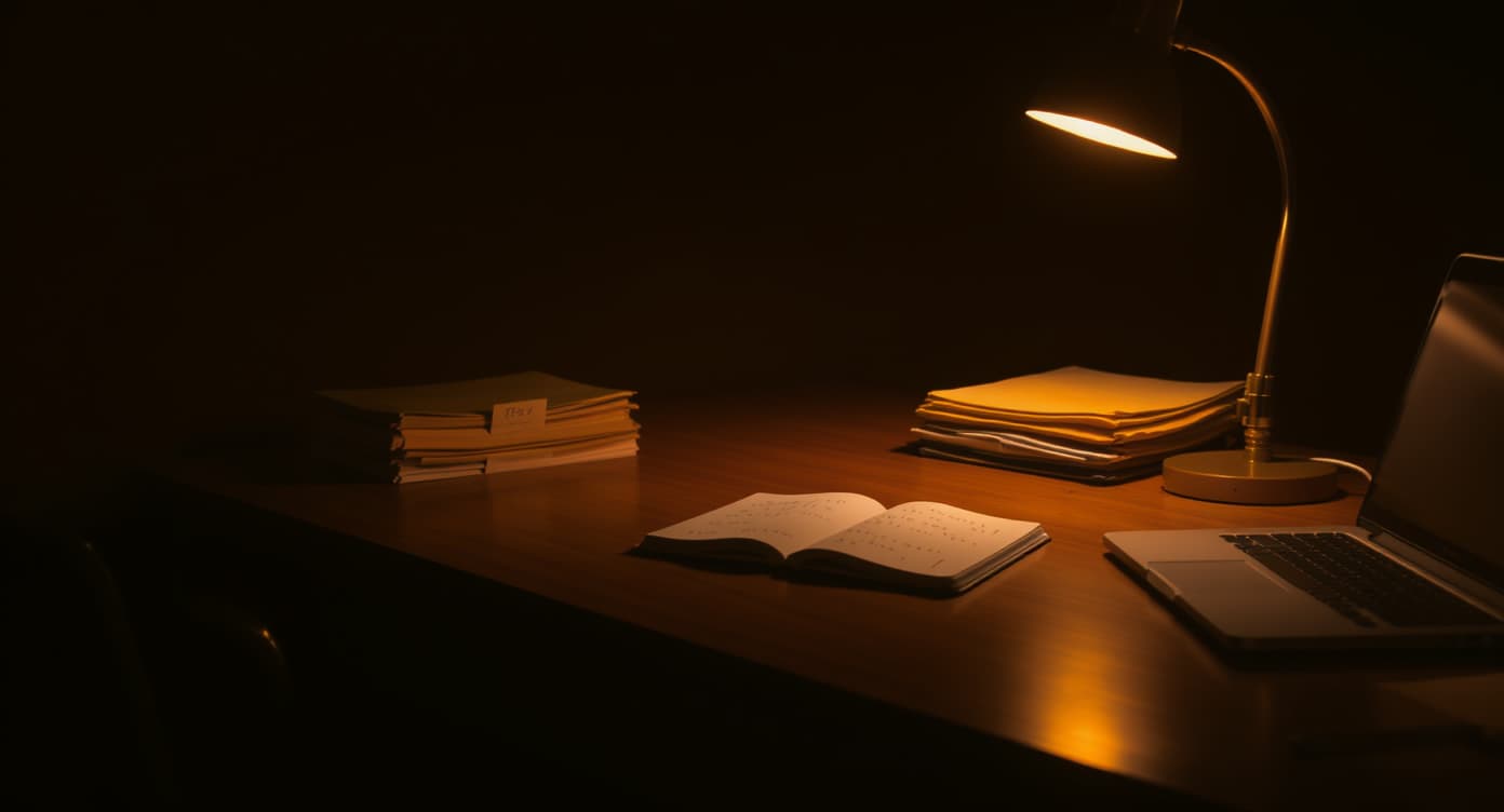 Schreibtisch bei Nacht: Lampe, Notizbuch und ein Stapel Ordner im warmen Licht