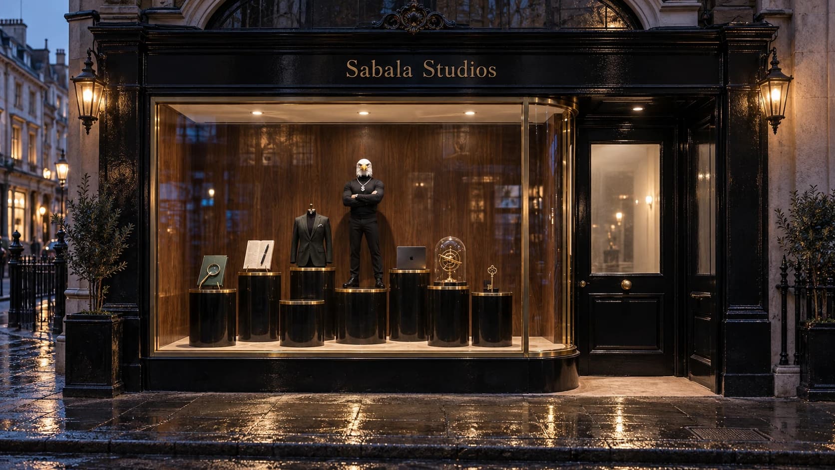 The studio front at night