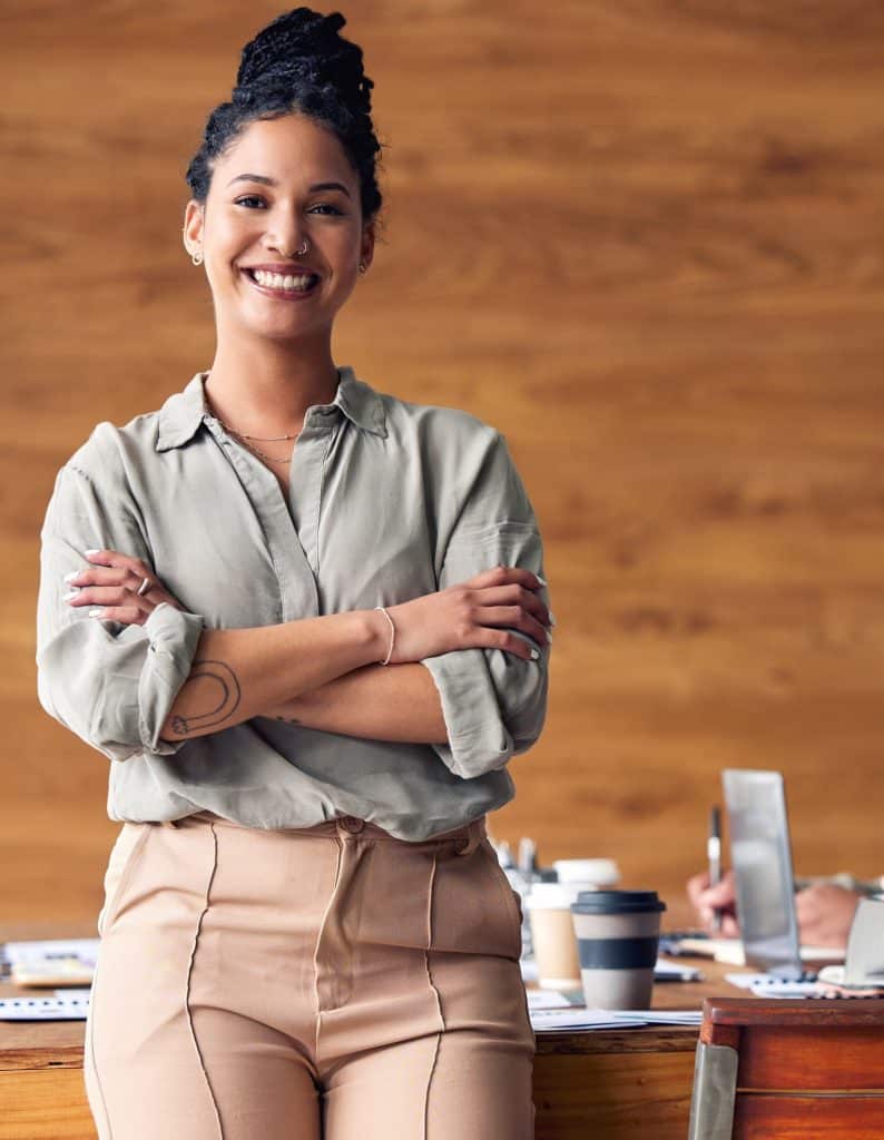 Business, confidence and portrait of hispanic happy woman in office, startup ceo or owner at hr com